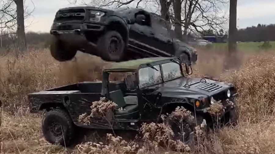 Watch A Ford F-150 Raptor Jump Over A Hummer For YouTube Clicks